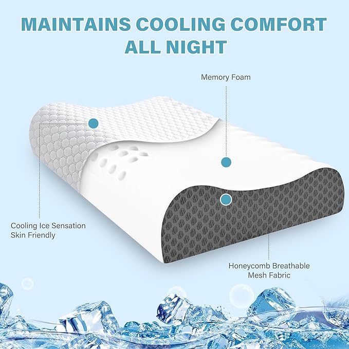 Memory Foam Cooling Bed Pillows for Sleeping, Ergonomic Cervical Pillow for Neck and Shoulder Pain Relief, Adjustable Cold Pillow,with Pillowcase（Grey）