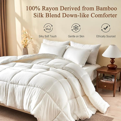 BPC 100% Rayon Derived from Bamboo Silk Blend Comforter Full/Queen Size, Ultra-Soft ClimaSilk™ Down-Alternative Duvet Insert for All Seasons with Corner Tabs, Medium Warmth, White, 82x86 Inches