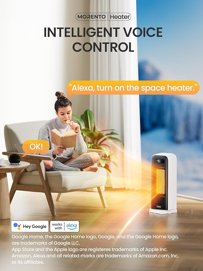 MORENTO Space Heaters for Indoor Use, Electric Portable Heater for Bedroom with Thermostat, WiFi Voice Control, 36dB Quiet 4 Modes 12H Timer, 1500W PTC Ceramic Heater for Office Home 1Pack White