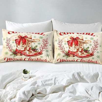 Cowgirl Christmas Bed Sheet Set 3 Pieces,Xmas Snowflake Red Bow Bedding Set(No Flat Sheet),Western Tribal Boots Cap Texas Stars Vintage Brown Fitted Sheet,2 Pillow Cases,Full Size
