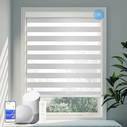 Motorized Zebra Blinds for Windows Cordless Electric Curtains with Remote Control Blackout Shades Custom Smart Blinds Compatible with Alexa Google Home(Light Filtering Grey,W26 X 72in)