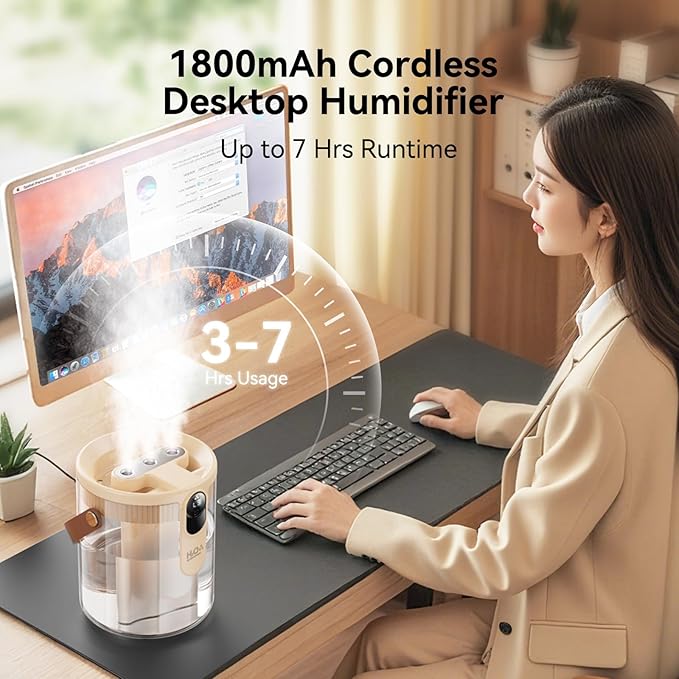 Rechargeable Portable Top Fill Humidifier, Smart Humidifiers for Bedroom, Night Light, 1.4L Cool Mist Humidifier for Office Home Plant Baby, 3-Speed Mist Control, Quiet, Auto Shut-Off (Beige)