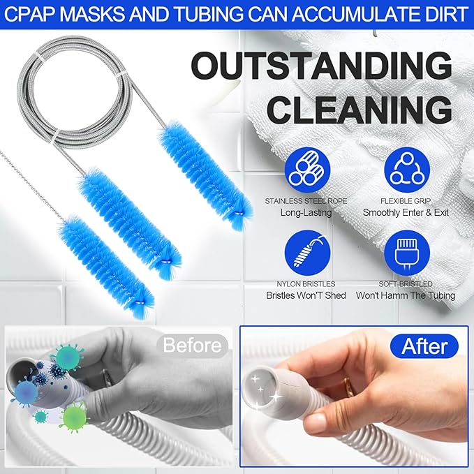 CPAP Cleaner and Hose Brush Kit Professional CPAP Cleaning Brushes Set with Flexible Hose Brush, Mask Brush and Adapter Brush, Safe Deep Clean for CPAP Machine Hose, Mask, Tube Connectors, Tank