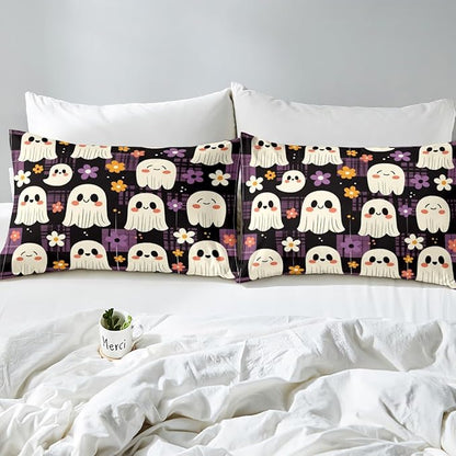 Halloween Ghosts Cute Fitted Sheet Queen Size,Cartoon Ghost Groovy Daisy Flowers Graffiti Soft Bed Cover(1 Fitted Sheet+1 Pillow Case),Black Purple Plaids Patchwork Breathable Mattress Cover