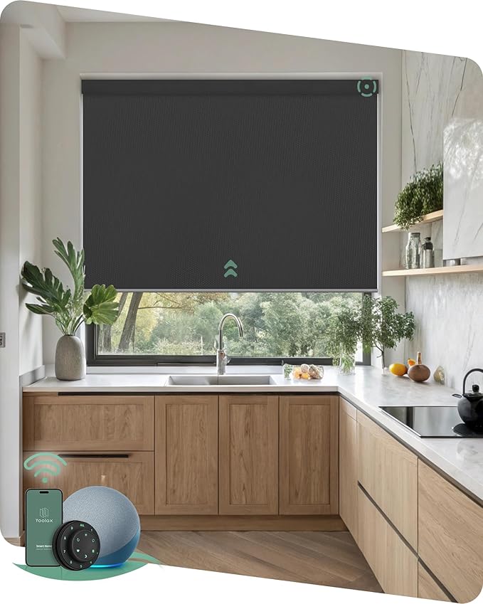 Yoolax Motorized Blinds with Remote, Waterproof Smart Blinds for Windows Blackout Automatic Shades Work with Alexa Remote Control Roller Window Shades with Valance, Custom Size (Vinyl-Dark Grey)