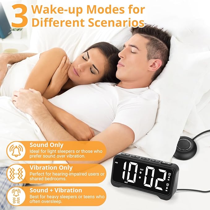 Loud Alarm Clock for Heavy Sleepers Adults, Vibrating Alarm Clock for Teens/Deaf, 7.5" Bright Clear Digital Screen, Adjustable Brightness with Night Light, 3 Levels Bed Shaker Under Pillow, Dual Alarm
