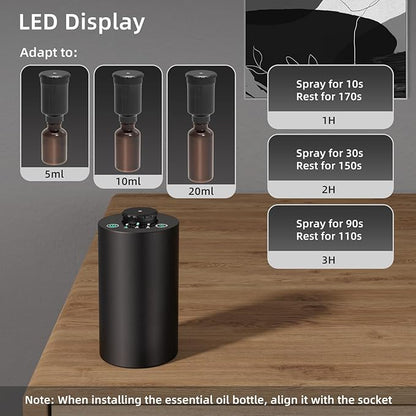 Waterless Essential Oil Diffuser Battery Operated Cordless Aromatherapy Diffuser with Timing & 3 Mist Levels car Diffuser，Black Aluminum Alloy (E10-2A)