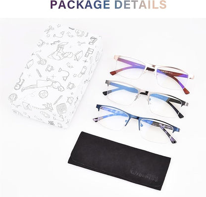 FONHCOO Reading Glasses for Women Men, Blue Light Blocking Reading Glasses Metal Half Frame Computer Readers Anti UV/Glare