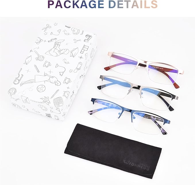 FONHCOO Reading Glasses for Women Men, Blue Light Blocking Reading Glasses Metal Half Frame Computer Readers Anti UV/Glare