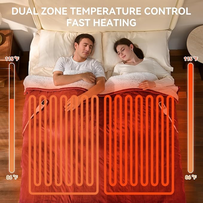 Heated Blanket Electric Blanket Queen 84"x90" Heating Blanket with Dual Control 9 Heating Levels 10 Timer Modes Auto-Off Fast Heating Overheat Protection ETL Certified Machine Washable Gift