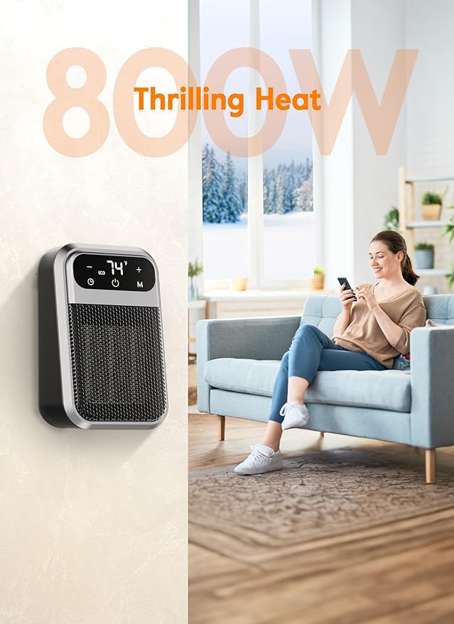 GiveBest WIFI 800W Wall Outlet Space Heater with Remote,LED Display Small Plug in Electric Heater with Adjustable Thermostat and Timer for Home Office Bathroom Indoor Use