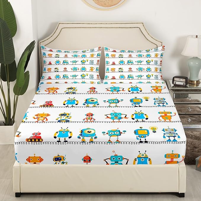 Manfei Watercolor Robots Sheet Set Twin Cartoon Toy Theme Bed Sheet Set 3pcs with Deep Pocket Fitted Sheet + Flat Sheet + 1 Pillowcase White Solid Color Bedding Set for Kids Teens Boys Room Decor
