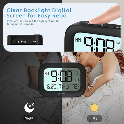 Geevon Small Digital Atomic Alarm Clock for Bedroom, Portable Battery Operated Travel Desk Clock for Heavy Sleepers, with 10s Backlight, Temperature, 3 Inch Display, Black