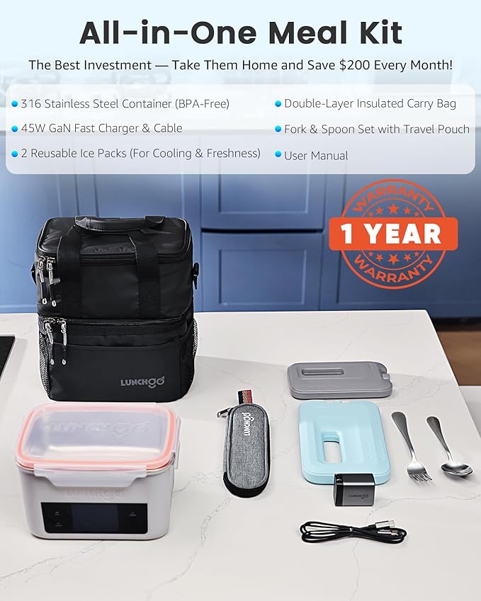 LUNCHGO® G1-Standard(74 Wh), Smart Electric Heated Lunch Box – Cordless, 5 Cups Capacity, Battery Powered, 250°F Max, Scheduled Heating, Perfect for Outdoor Work, On-The-Go Meals (Neon Gray)