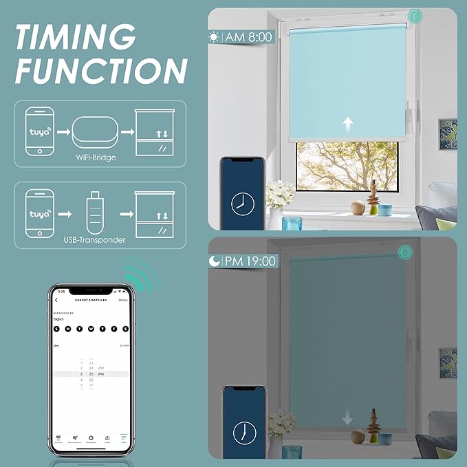 Allesin Motorized Roller Shade Blinds Work with Alexa for Window, 70% Blackout Smart Shades Cordless with Remote Control, Electric Automated Blinds, Customized Size, Lithium Battery Motor(Light Blue)