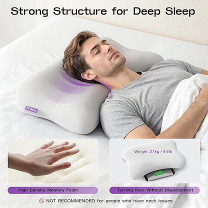 Side Sleeper Neck Pillow for Sleeping - Patented Cervical Neck Pillow with Cooling Cover- High Density Memory Foam Curved Pillows for Adults (Grey)
