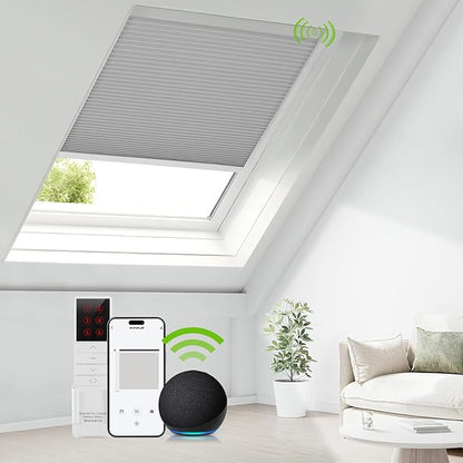 ZSTARR Motorized Skylight Shades Blackout Cellular Honeycomb Electric Blinds with Solar Panel Cordless Rechargeable with Remote for Roof and Slanted Windows Custom Size (Stone Grey)