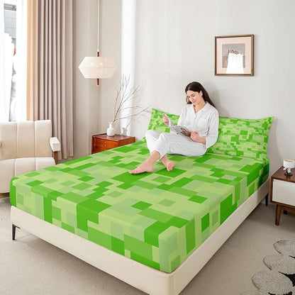 Pixelated Game Kids Queen Size Fitted Sheet,Geometric Check Video Games Room Decor,Gamepad Grid Abstract Gaming Boys Girls Bed Sheets,Green White Bedding Set,2 Pillowcases(No Flat)