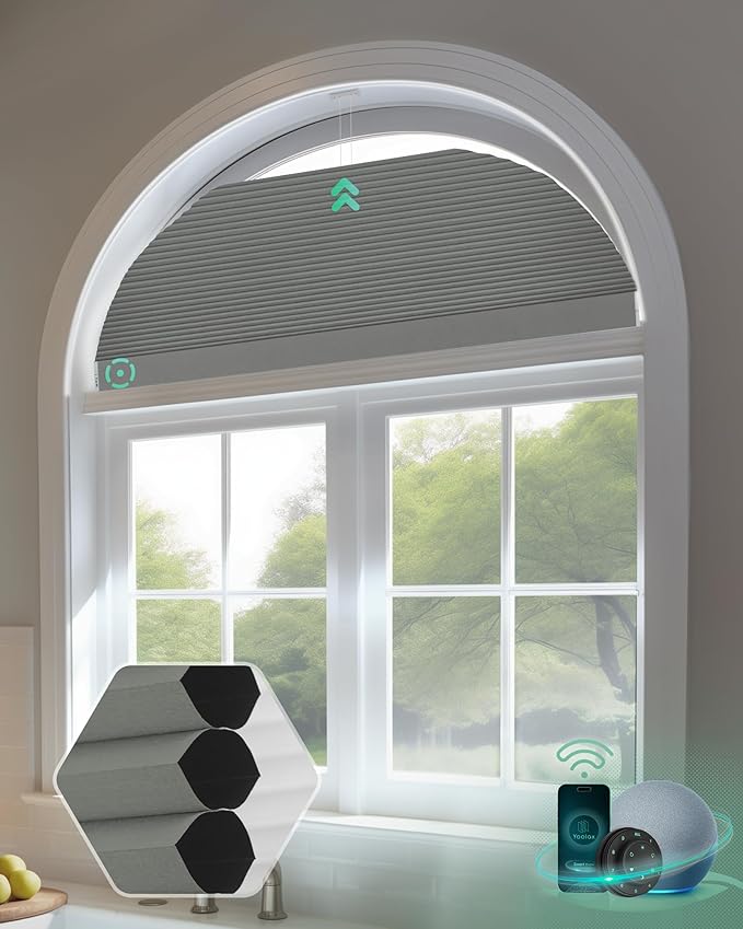 Yoolax Smart Cellular Shades, Motorized Arch Window Honeycomb Blinds Motorized Blinds with Remote Compatible with Alexa, Customized Arched Cellular Shades (Blackout Dark Grey)