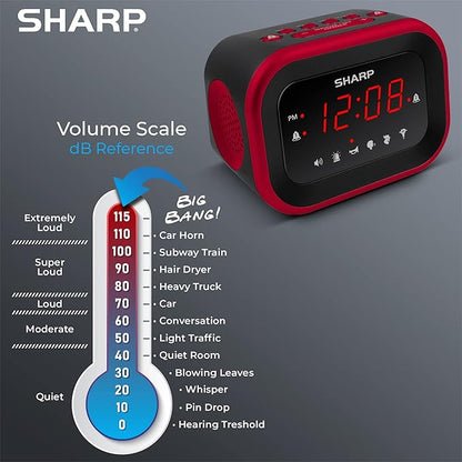 Sharp Big Bang Super Loud Alarm Clock for Heavy Sleepers, 115dB Extreme Wake-Up Alarm, Dual Alarms, 6 Wake Sounds, Large Red LED Display, Dimmer Control & Battery Backup, Bedroom Clock