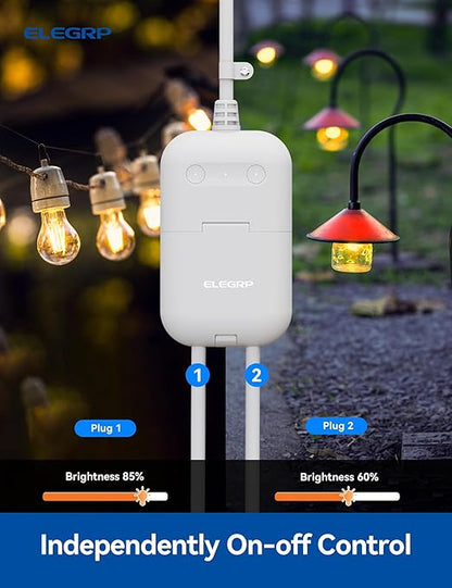 ELEGRP Outdoor Smart Dimmer Plug Waterproof IP66, Smart WiFi Plug with 2 Individually Sockets, Compatible with Alexa & Google Assistant, Outdoor Dimmer for String Lights, UL Listed, 2 Pack, Grey