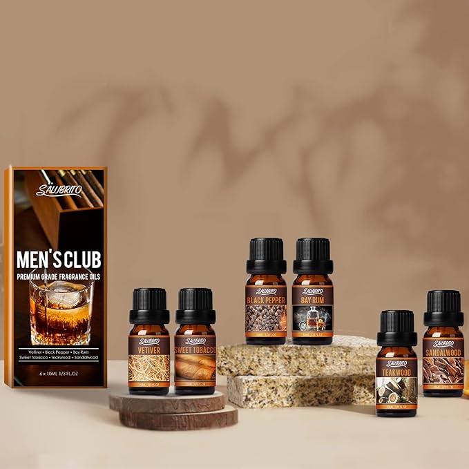 SALUBRITO Men's Club Fragrance Oils, Wood Essential Oil Set for Diffuser, Soap, Candle Making - Sandalwood, Teakwood, Sweet Tobacco, Bay Rum, Black Pepper, Vetiver, Gentlemen Scented Oil