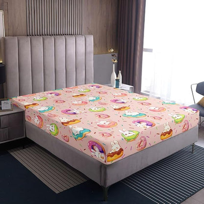 Kawaii Rabbit Bed Sheet Full Size Doughnut Dessert Happy Easter Bedding Set Cute Cartoon Animal Fitted Sheet Kids Boys Girls Room Decor Pink Colorful Soft Sheets with 2 Pillowcase,No Top Flat