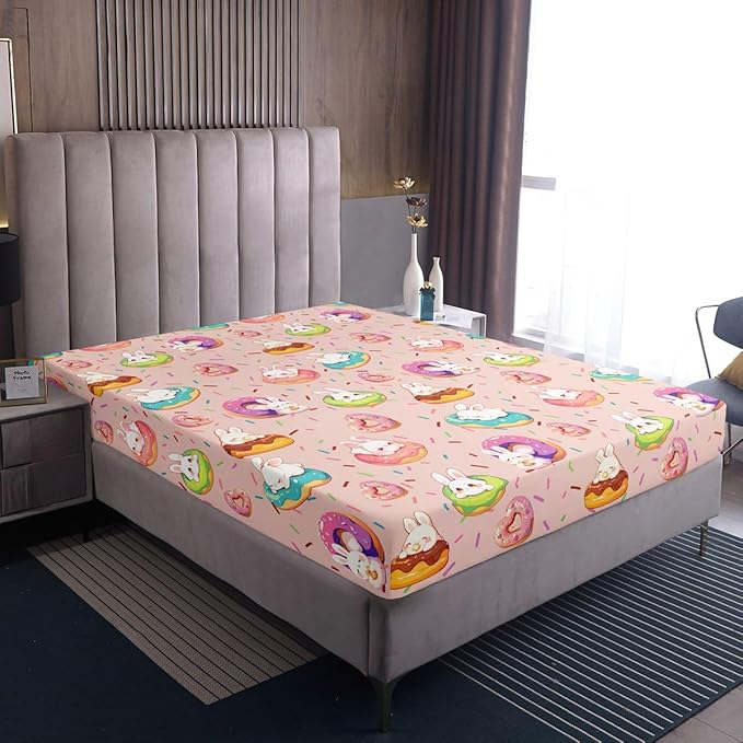 Kawaii Rabbit Bed Sheet Twin Size Doughnut Dessert Happy Easter Bedding Set Cute Cartoon Animal Fitted Sheet Kids Boys Girls Room Decor Pink Colorful Soft Sheets with 1 Pillowcase,No Top Flat