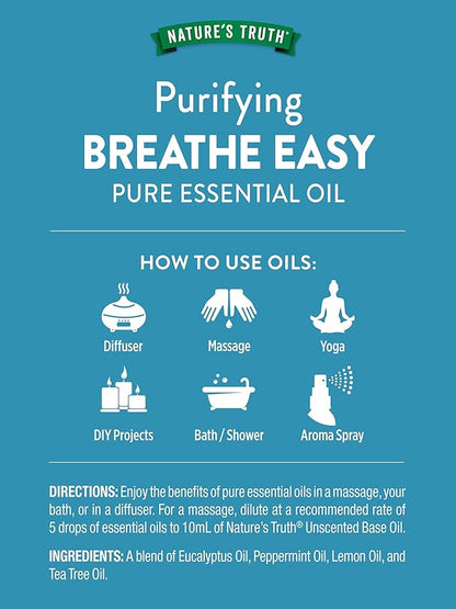 Nature's Truth Breathe Easy Essential Oil Blend | 15 mL | with Eucalyptus, Peppermint, Lemon, and Tea Tree Oils | for Aromatherapy | Pure Plant Based, Non-GMO & Gluten Free