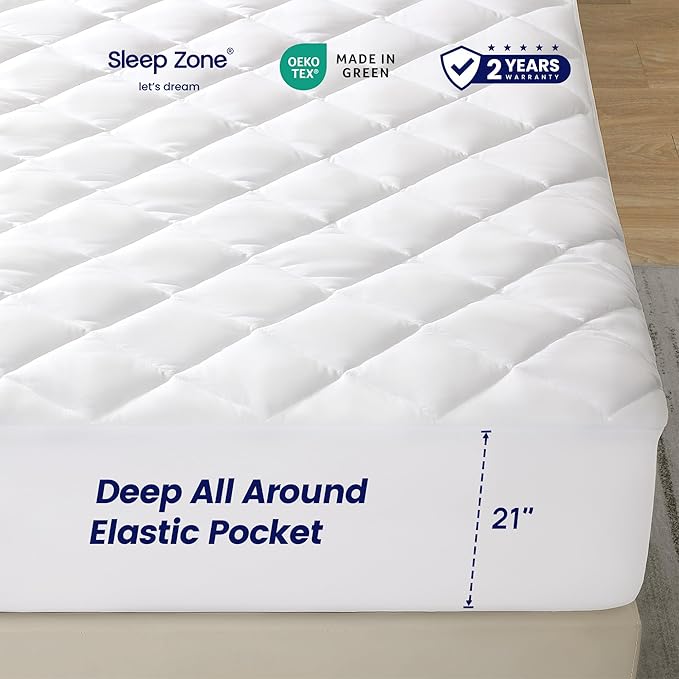 SLEEP ZONE Twin Mattress Protector, Quilted Fitted Mattress Pad, Deep Pocket Mattress Cover Stretches up to 21 inches, Fluffy Pillow Mattress Topper (White, 39x75)