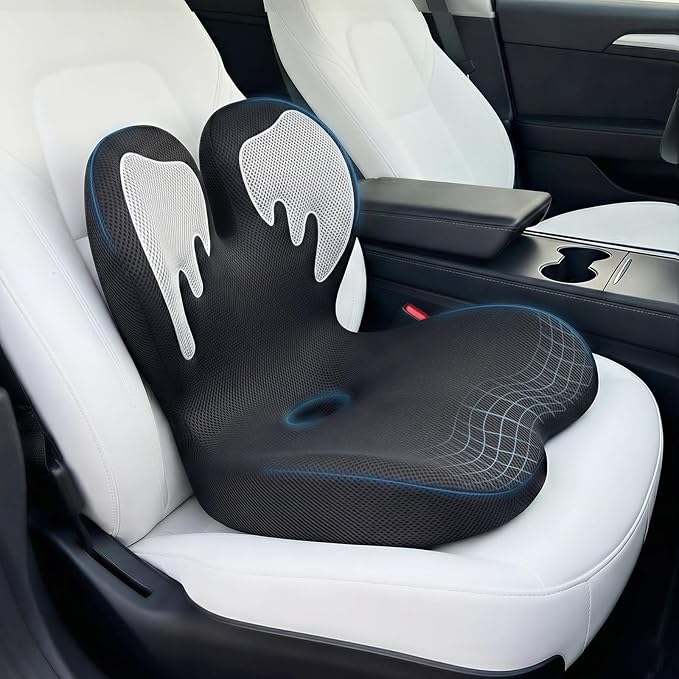 Trucker Seat Cushion, Car Seat Cushion Memory Foam Ergonomic Lumbar & Tailbone Support Pillow for Hemorrhoid, Coccyx & Sciatica Relief, for RV, SUV, Office Chair, Wheelchair (White)