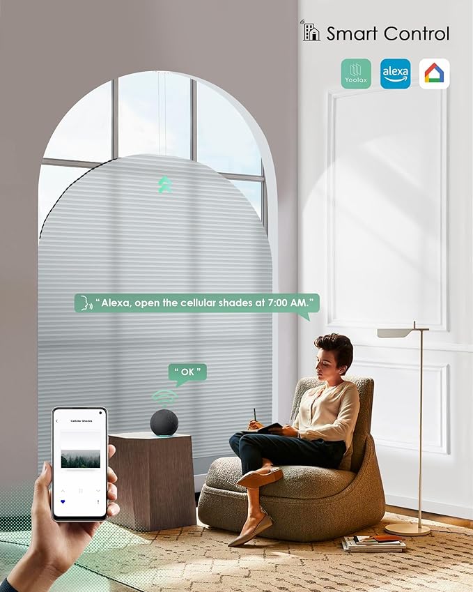 Yoolax Smart Cellular Shades, Motorized Elongated Arch Honeycomb Blinds Motorized Blinds with Remote Compatible with Alexa, Customized Elongated Arch Cellular Shades (Half Shading Pearl)