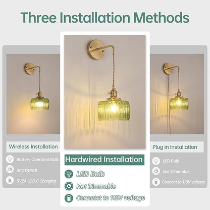Vintage Wall Sconce Wall Lamp with Green Striped Shade Pattern Glass Adjustable Chain Retro Gold Wall Mounted Light, Modern Wall Lamp Fixtures Decor for Bedside Bedroom Indoor Doorway
