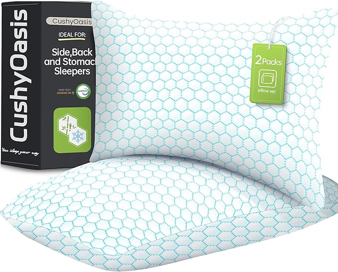 Shredded Memory Foam Pillow for Sleeping, Cooling Bed Pillows Set of 2, Adjustable Pillows for Side, Back, Stomach Sleepers with Washable Pillowcase (Standard Size, Blue)