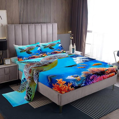 Manfei Sea Turtle Sheet Set Full,Fish Ocean Animal Bedding for Kids Teens Room Decor,Marine Mediterranean Style Sea Blue Bed Sheet 4pcs with Deep Pocket Fitted Sheet + Flat Sheet + 2 Pillowcases