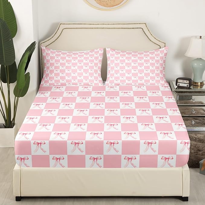 Manfei Pink Bowknot Bedding Set Twin Size Dreamy Bow Geometric Plaids Patchwork Bed Set for Teens Kids Sheet Princess Style Bow-tie Girly Pink White Bed Cover(1 Fitted Sheet+1 Pillow Case)
