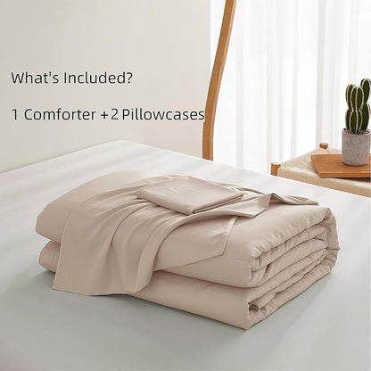 Zaizaihome Natural Bamboo Viscose Comforter Set King Size 3 Pieces, All-Season Soft Breathable Moisture-Wicking Quilt with Matching Pillowcases, Machine Washable, Quilted Fluffy Comforter (Beige)
