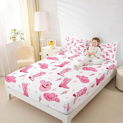 Manfei Western Cowgirl Fitted Sheet Queen Size Cartoon Lightning Pink Cowhide Starry Bedding Sheet Set,Tribal Texas Stars Cowgirl Boots Hats Bed Cover Ultra Soft Breathable Bedding 3 Pcs