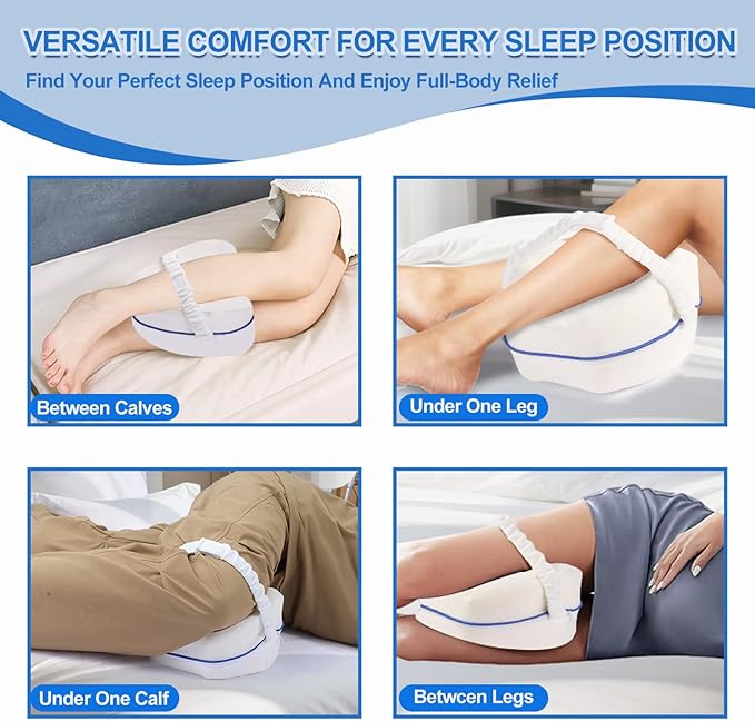 Knee and Leg Memory Foam Pillow for Side Sleepers, Ergonomic Support for Back, HIPS, Knees, Joints, Nerves and Muscle Discomfort Relief (White with Strap)