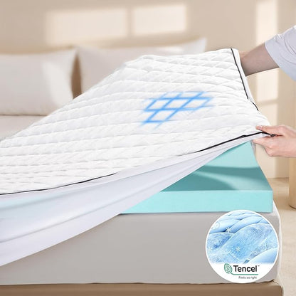 Queen Memory Foam Mattress Topper,Dual Layer Gel Memory Foam & Cooling Pillow Top Mattress Pad Cover for Pressure Relief and Medium Support,CertiPur-US Certified