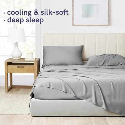 YnM Cooling Bed Sheet Set with 100 Percent Rayon Derived from Bamboo, 400TC Fabric with 2 Pillowcases and Flat Sheet, Deep Pocket Fit 19'', Silky-Soft & Sweat Wicking, 4 Piece (Ca King, Light Grey)