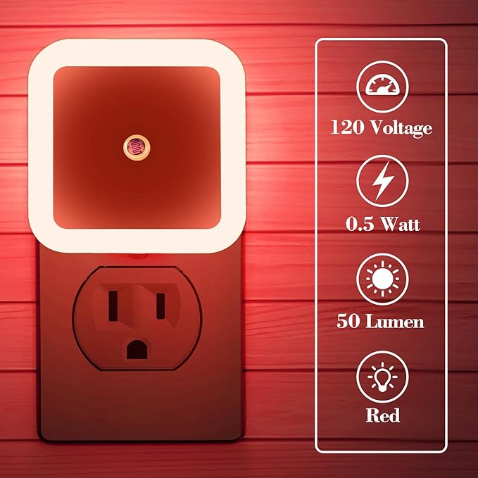 KINUR 6 Pack Red Night Light, LED Night Lights Plug into Wall with Dusk to Dawn sensors, Plug in Night Lights for Kids Room, Bedroom, Bathroom, Baby Nursery,Stair Lights, Hallway Light, Daylight