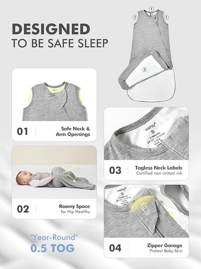 HAPIU Unisex Rayon Made from Bamboo Baby Sleep Sack TOG 0.5, 2-Way Premium Zipper, Wearable Blanket