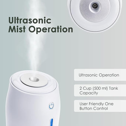 Aqua Glo Personal, Portable Humidifiers for Bedroom – Ultrasonic Cool Mist Humidifier with Built In Rechargeable Battery. Air Humidifier for Baby, Plants, Home, Office, Travel. White