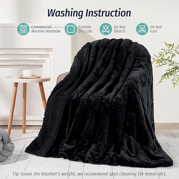 Wemore Sherpa Fleece Weighted Blanket for Adult, 15 lbs Dual Sided Cozy Fluffy Heavy Blanket, Ultra Fuzzy Throw Blanket with Soft Plush Flannel Top, 80 x 87 inches, Black on Both Sides