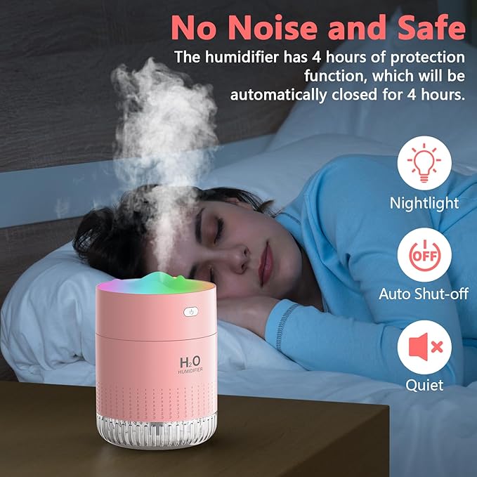 Portable Small Humidifiers for Bedroom Baby, Rechargeable Mini Cool Mist Plant Humidifier for Plants, Quiet Desktop Humidifier with 2 Working Modes & Colorful Night Light for Travel, Office, Bedroom