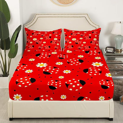 Ladybug Fitted Sheet Twin,Boho Daisy Red Black Polka Dot Bed Sheet 2 Pieces Fits Mattress,Watercolor Flowers Cartoon Decorative Fabric Bedding All-Round Elastic Pocket