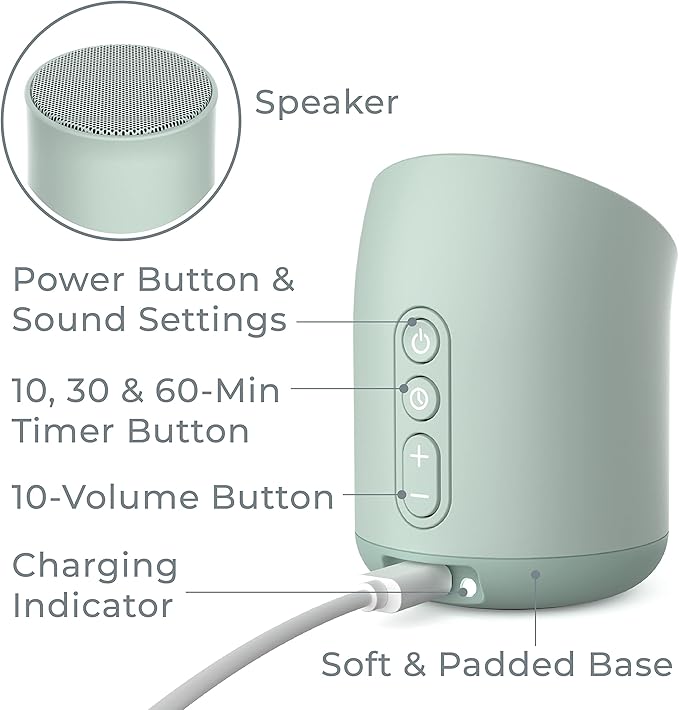 Pure Enrichment Wave Mini Zen Soothing Sound Machine - Portable Sound Machine for Yoga Studios, Travel & Sleep - 6 Relaxing Sounds, Optional Timer & Rechargeable Lithium Battery (Tranquil Green)