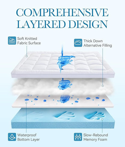 BDEUS Waterproof Dual Layer 4 Inch Memory Foam Mattress Topper Queen Size, 2 Inch Gel Memory Foam Plus 2 Inch Down Alternative Quilted Pillow Top Mattress Pad Cover for Kids, Pets