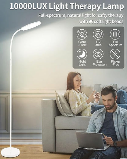 Light Therapy Lamp, 10000 Lux UV-Free Happy Therapy Lamp, Full Spectrum Sunlight Lamp with Remote Control, Light Therapy Floor Lamp with 10 Color Temperature & 6 Brightness & Timer-White